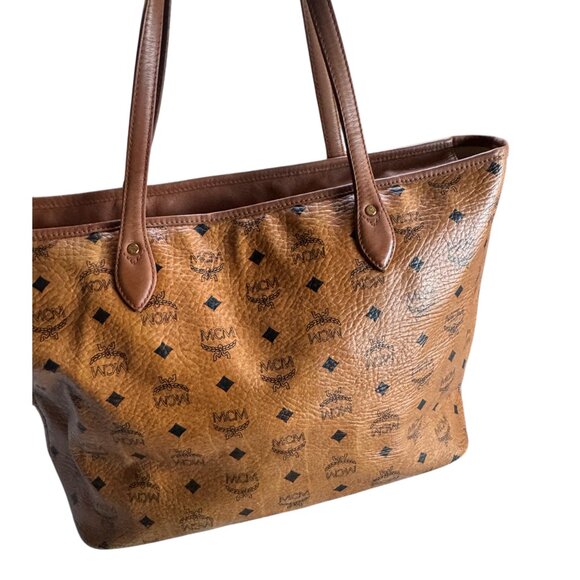 Authentic MCM Blue Stripe Tote Cognac Monogram - Picture 3 of 15